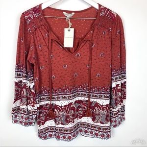 Lucky Brand‎ Boho Brick Red Tassle Front Floral Top